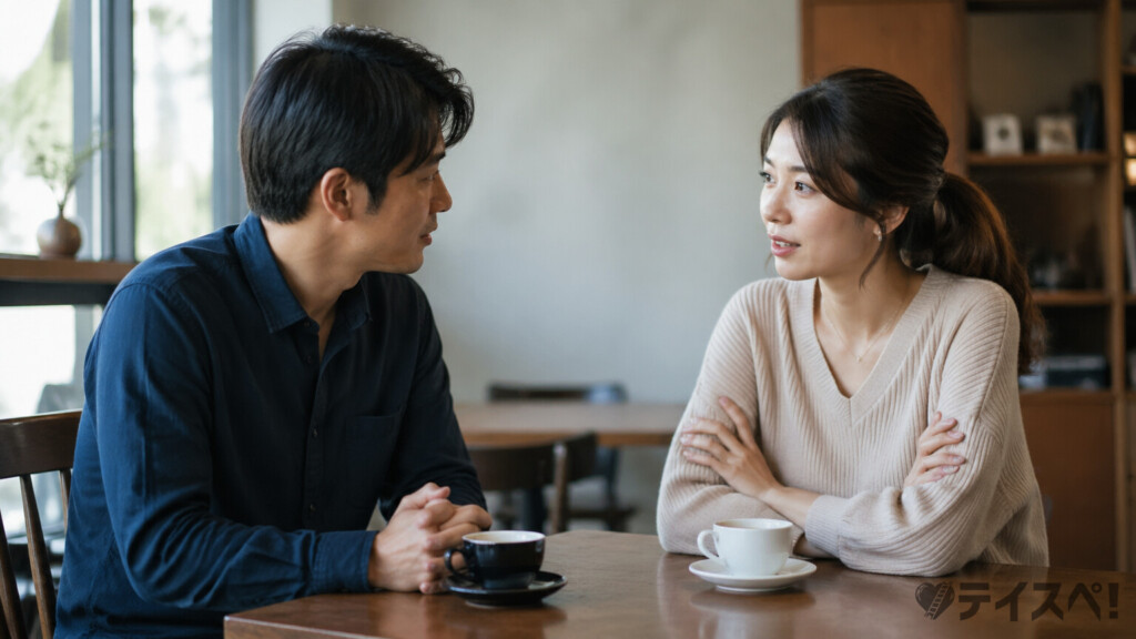 30代のカップルがカフェで向き合い、将来について真剣に話し合っている写真