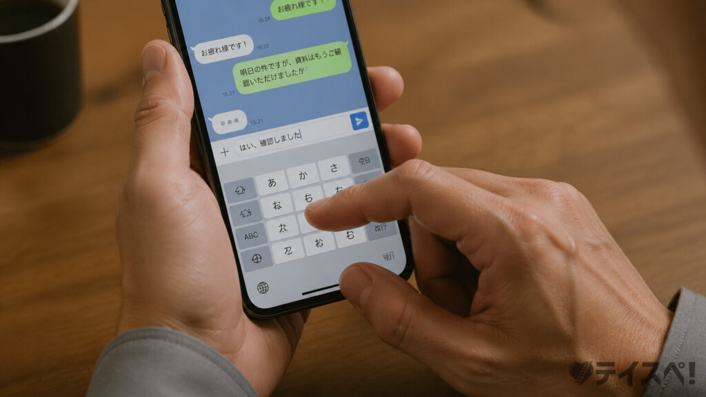 木製のデスクで30代男性の手がスマホのチャット画面に素早く返信を打ち込もうとしている手元のクローズアップ