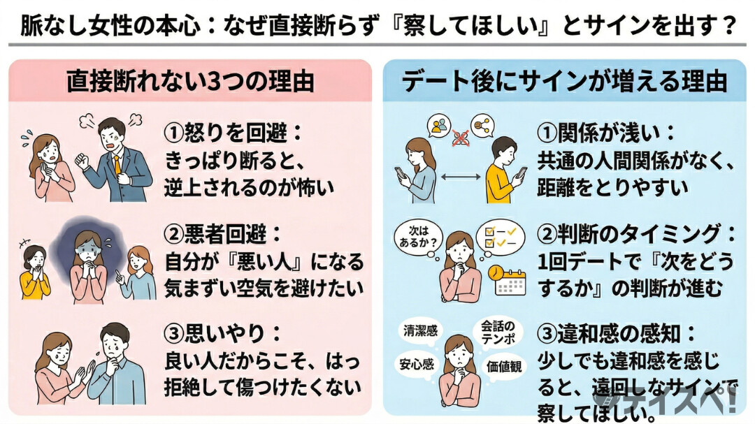 脈なし女性が直接お断りできない理由（逆上回避・悪者回避・思いやり）と、デート後に「察してほしい」サインが増える背景をまとめた図解。