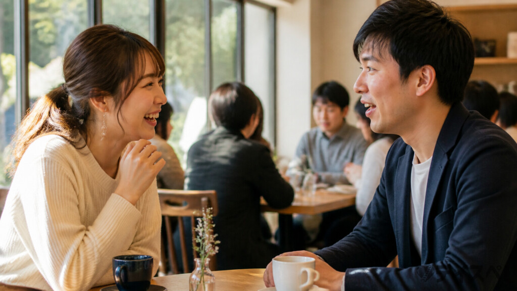 新しい出会いの場で前向きに話す30代男性と女性