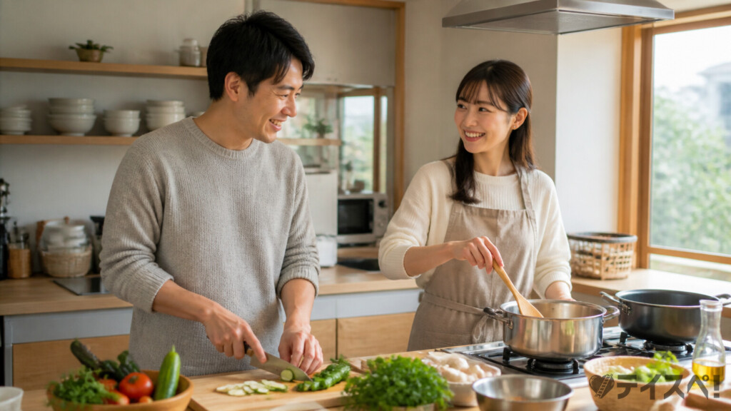 自宅キッチンで並んで料理を作る30代カップルの日常イメージ写真
