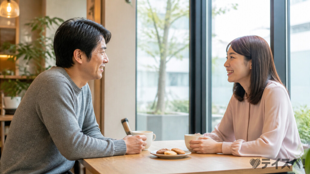明るいカフェの窓際で30代男性と20代女性が初対面の自然な会話を楽しみながら、テーブル上のコーヒーカップとクッキーを前に微笑み合うシーン