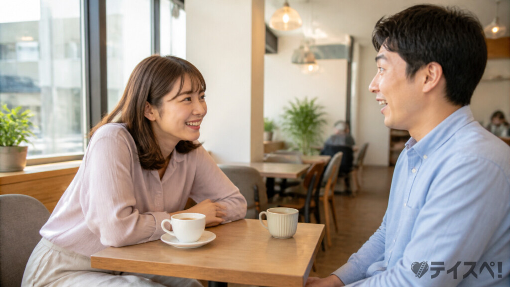 清潔感を改善した男性にカフェで女性が前のめりに話しかけてくる写真風イメージ