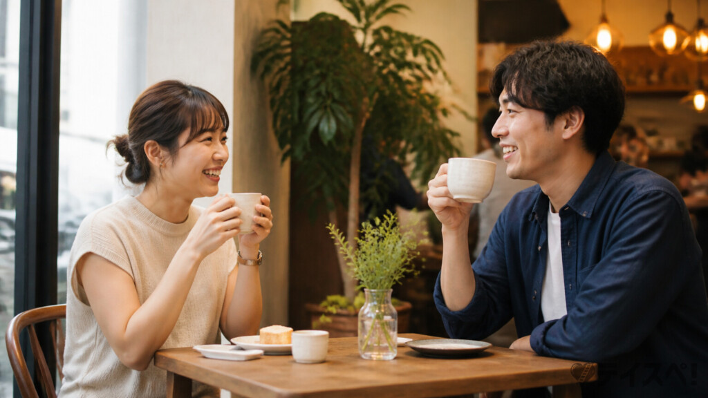 カフェでリラックスするカップルの写真