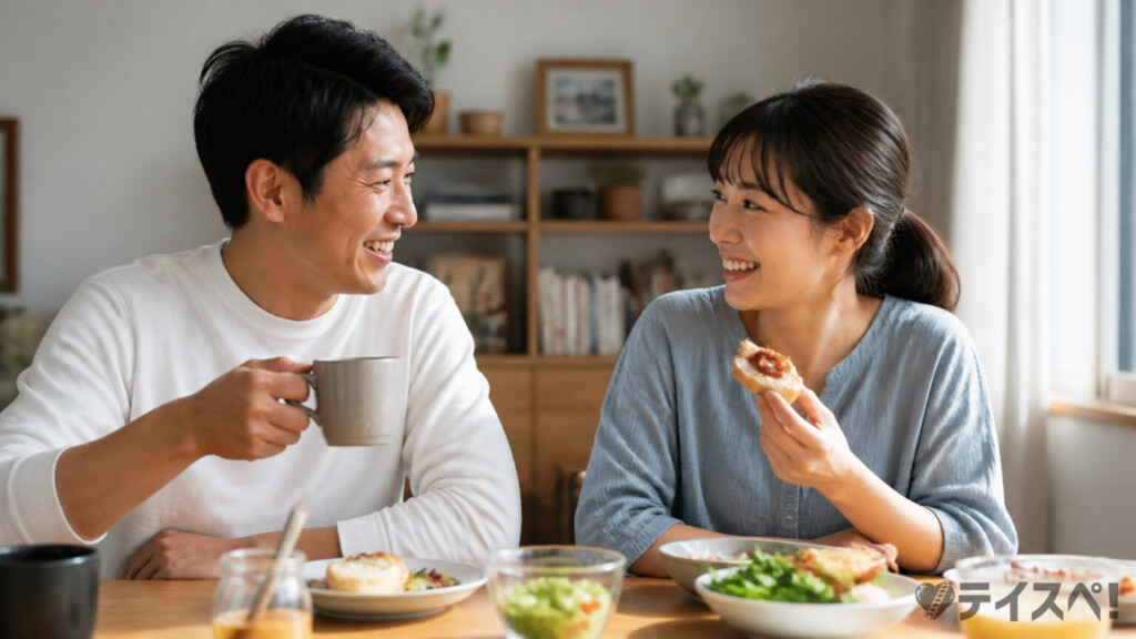 30代の日本人カップルが自宅のダイニングで朝食を楽しみながら笑い合っている温かな場面