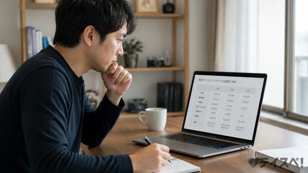 費用を調べて代替サービスを比較検討する30代男性