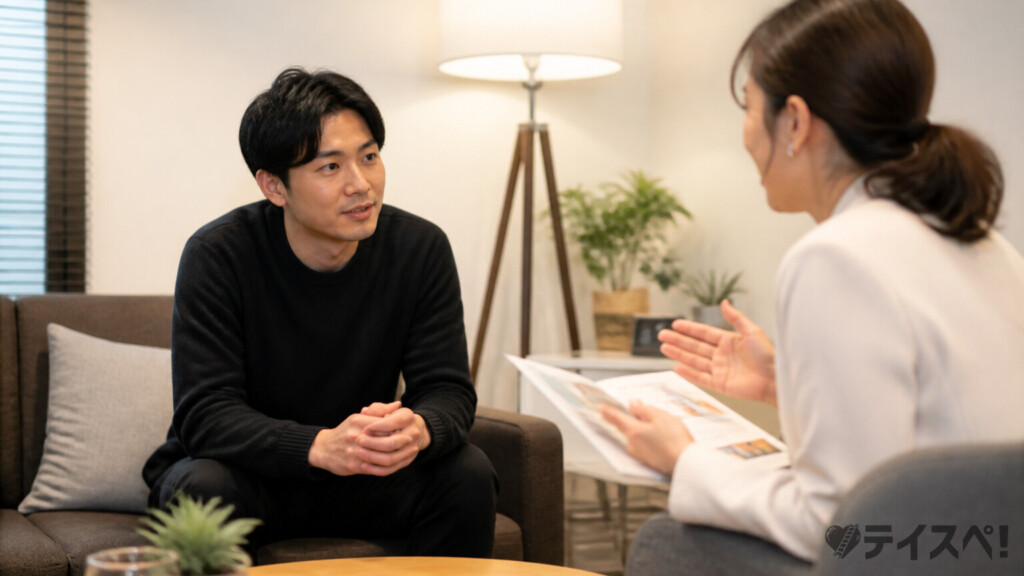 結婚相談所の無料相談でカウンセラーと話す男性