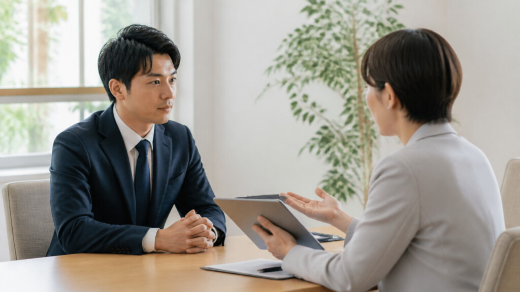 結婚相談所のカウンセラーと面談している男性