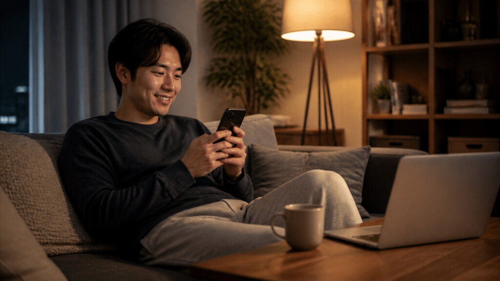 30代男性が自宅でスマホを使って結婚相談所のアプリを操作しているシーン