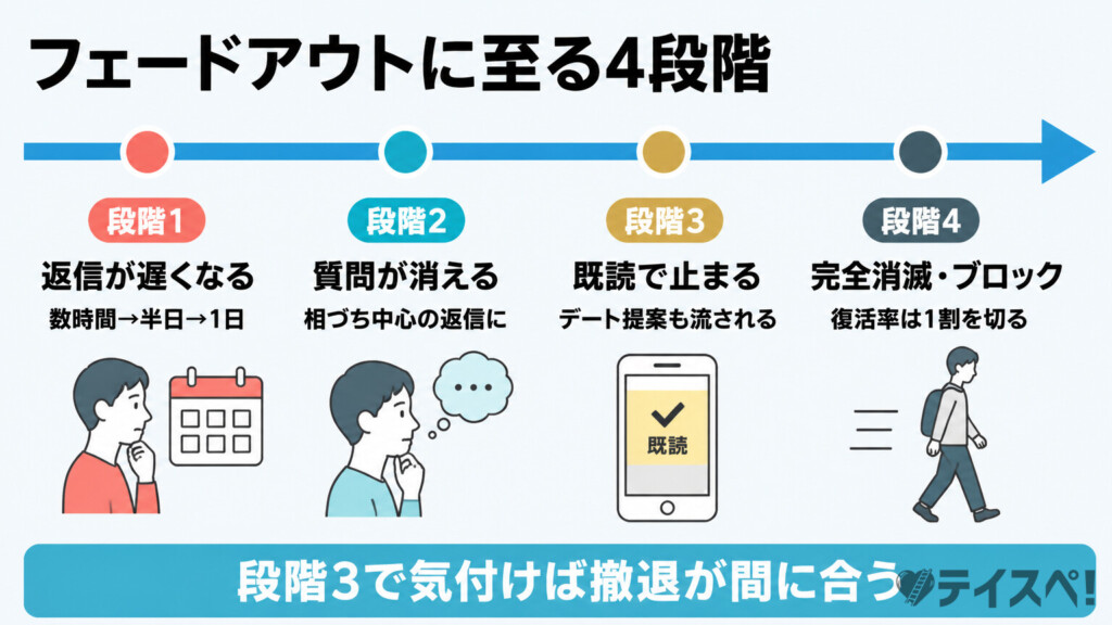 マッチングアプリで女性がフェードアウトに至る4段階を横タイムラインで示した図解