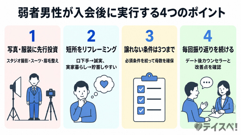 入会後に弱者男性が結婚相談所で戦うための4つのポイントの図解