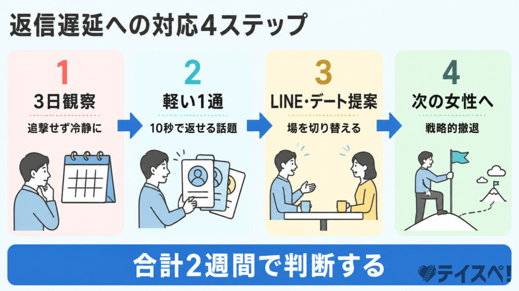 返信遅延への対応4ステップを左から右へのフローで示した図解