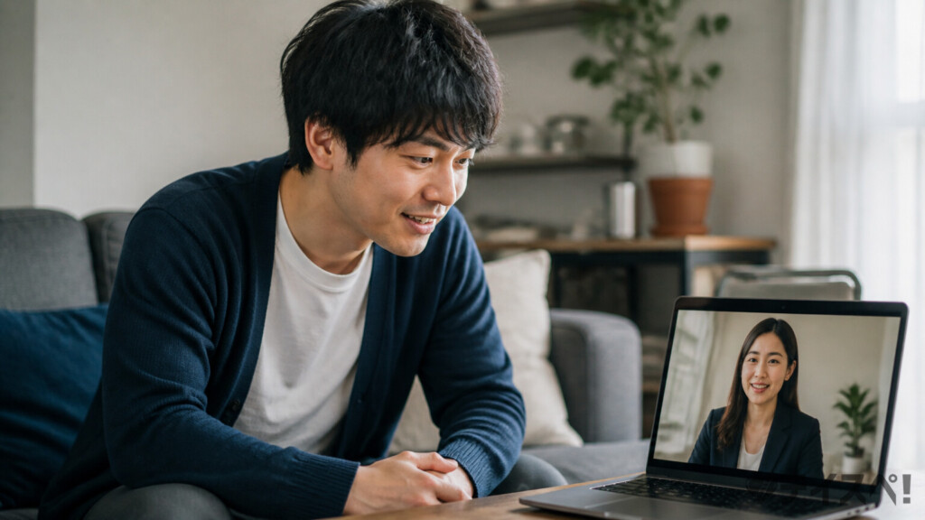 自宅のソファでローテーブルに置いたノートPCの画面越しに、結婚相談所のカウンセラーと無料相談を行う30代男性のシーン