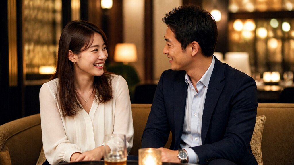 上品な雰囲気のカフェで会話するカップル