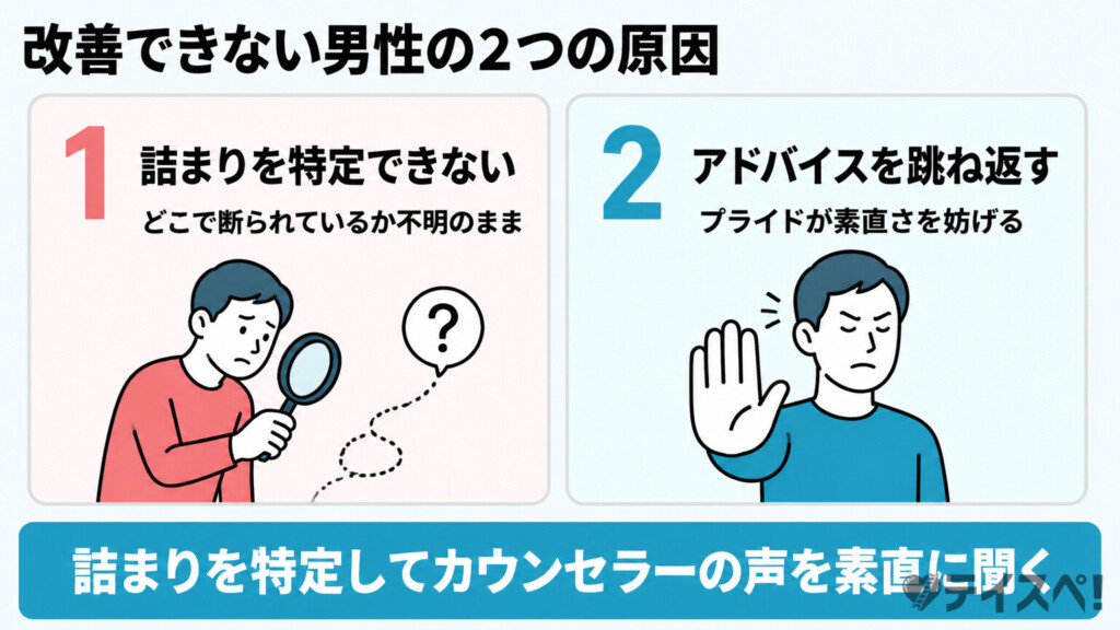 何度断られても改善できない男性に共通する2つの原因を示した図解