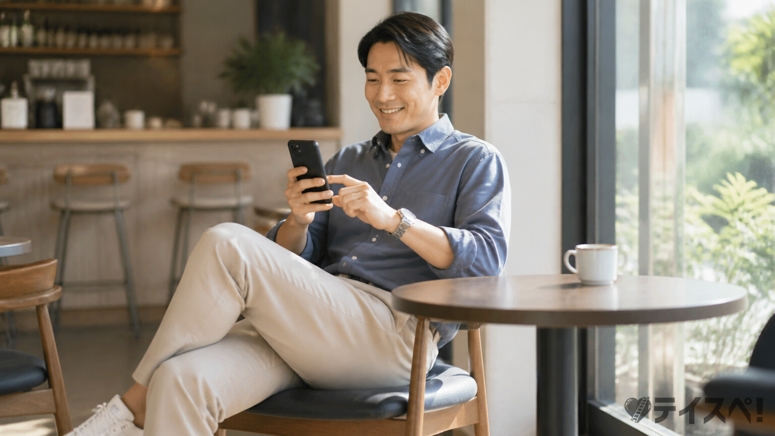 カフェでマッチングアプリを使う前向きな男性
