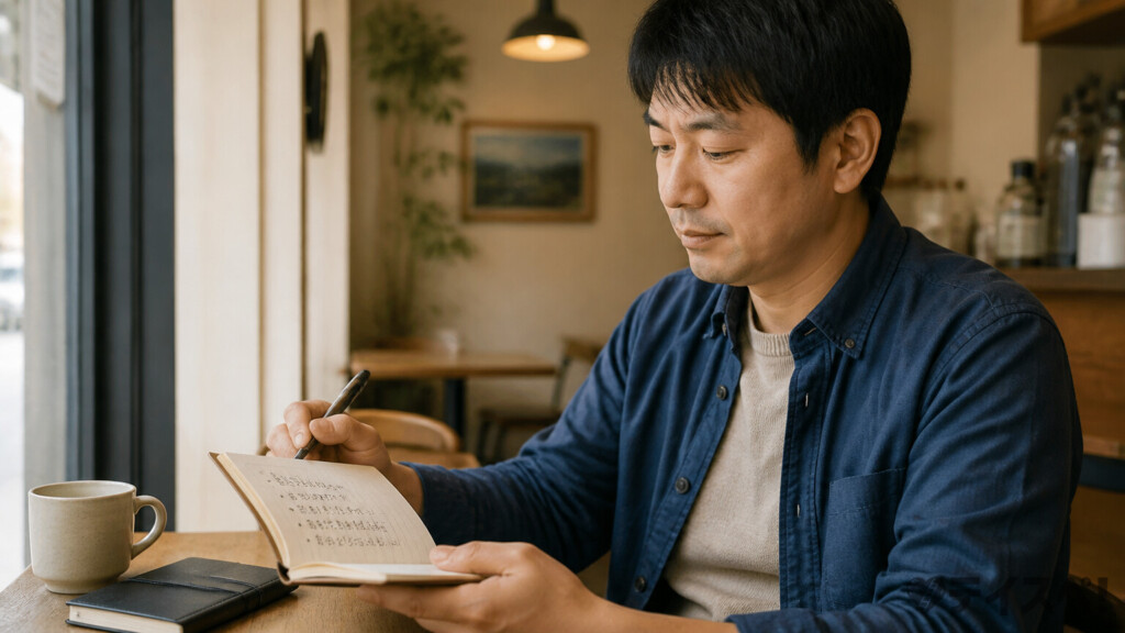 カフェのテーブルでノートに観察ポイントを書き込む30代男性