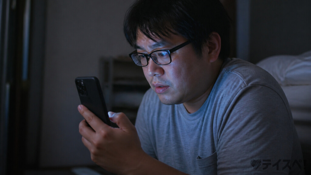暗い部屋でスマホに追撃LINEを送ろうとする30代男性