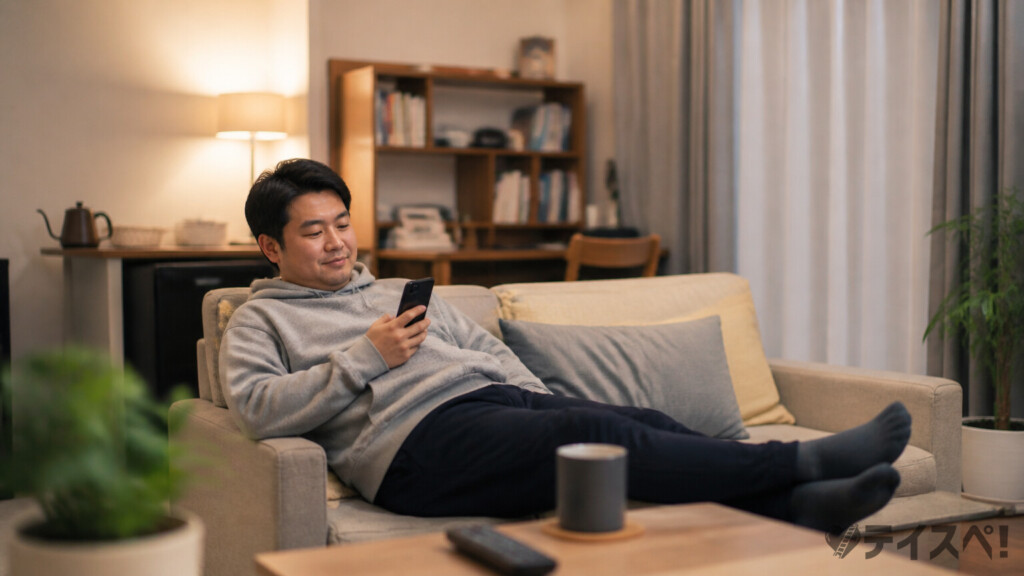 自宅ソファで婚活アプリを使う男性