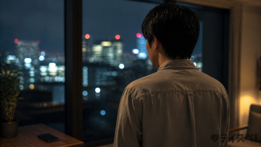 夜の窓辺で外を見つめ静かに返信を待つ30代男性の後ろ姿