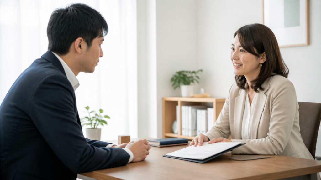 30代男性が結婚相談所のカウンセラーと面談しているシーン