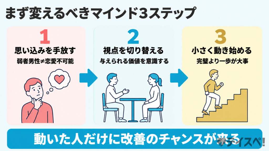 弱者男性が変えるべきマインドセット3ステップの図解