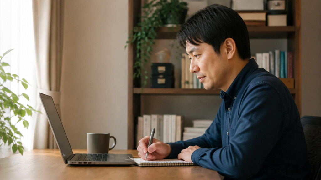 自宅デスクでノートパソコンを使いオンラインコーチング面談を受けながらノートにメモを取る30代男性の写真。窓から差し込む自然光のなかで真剣に耳を傾けている