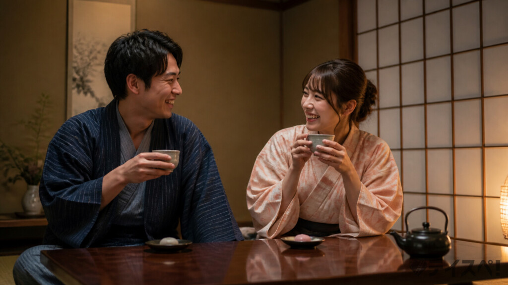 温泉旅館の客室で浴衣姿の30代カップルが低いちゃぶ台を囲み、緑茶と和菓子を前に笑い合う写真。障子・畳・行灯の温かい光に包まれた夕食後の穏やかなひととき