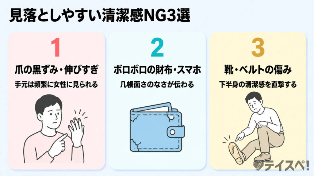 婚活男性が見落としやすい清潔感NG3選の図解