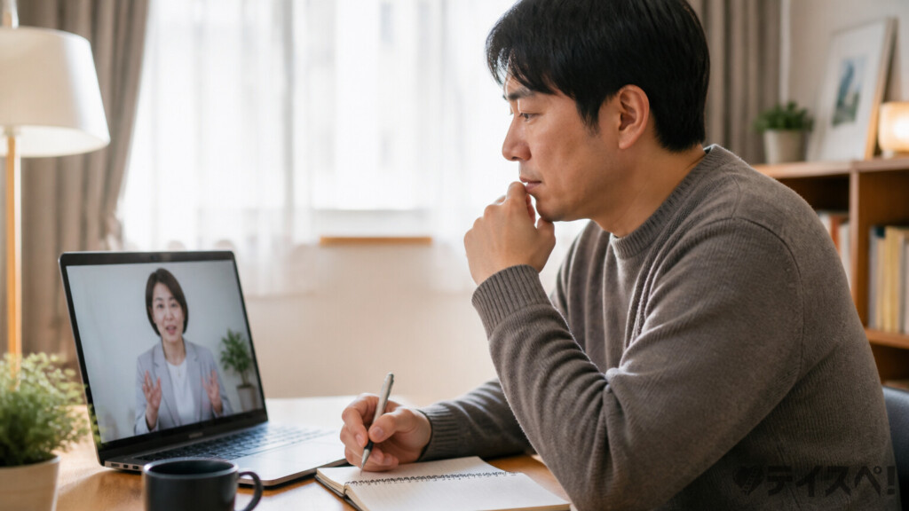 自宅の机でノートPCのビデオ通話画面に映るカウンセラーと面談しながらノートにメモを取る30代男性のシーン