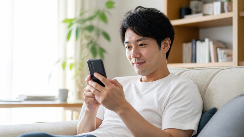 スマートフォンで婚活アプリを操作する男性
