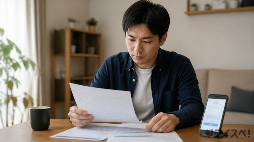 自宅のテーブルで独身証明書や収入証明などの書類を確認しながら、スマートフォンの登録画面を見比べる30代男性のシーン