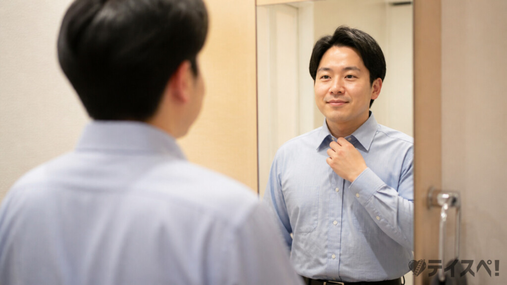 マッチングアプリのプロフィール写真と実物のギャップを防ぐ身だしなみを確認する男性