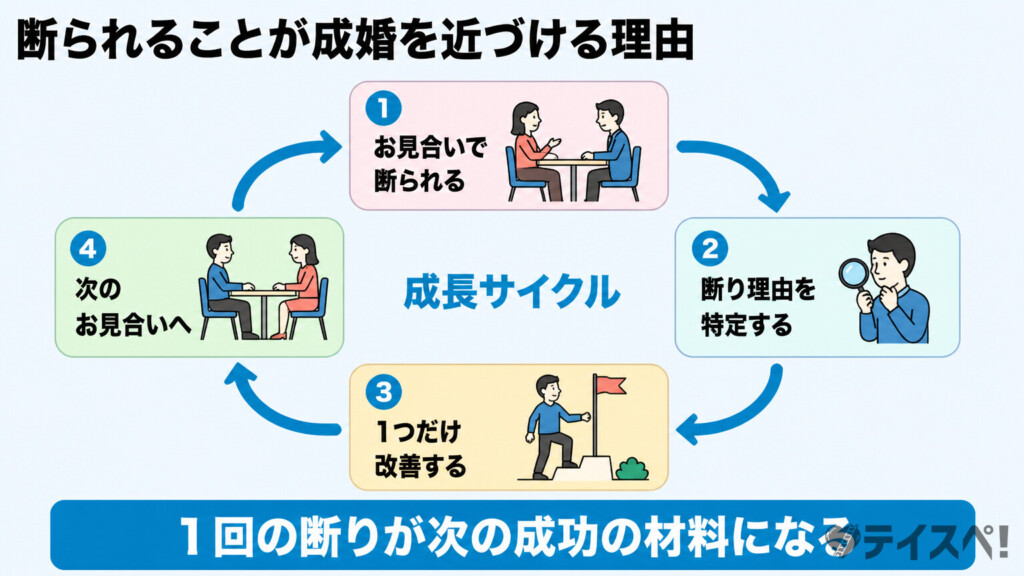 断られることで成婚に近づく成長サイクルを示したループ図解