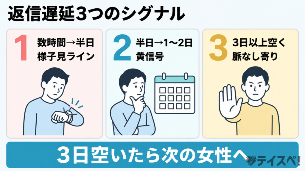 マッチングアプリの返信遅延を3段階のシグナルで示した図解