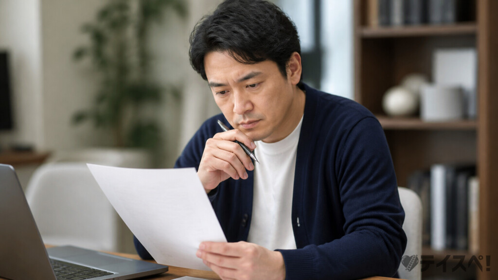 30代男性がデスクで結婚相談所の成婚に関する書類をペンを持ちながら確認している場面
