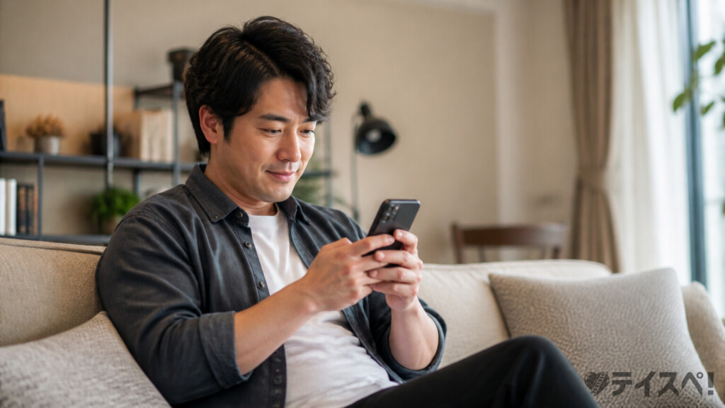 30代男性がソファに座りスマートフォンで婚活アプリのプロフィールを閲覧している場面