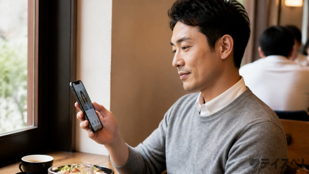 カフェの窓際でランチ休憩中の30代男性が、スマートフォンで多数の婚活プロフィールを次々スクロールして見比べているシーン