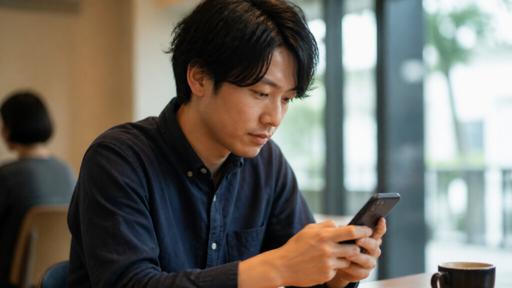 スマートフォンで自己紹介文を書く男性