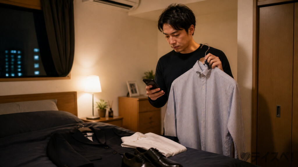 お見合い前日に身だしなみを確認する男性の写真