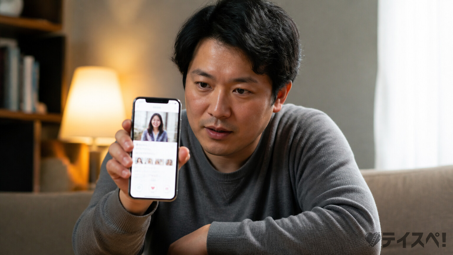 真剣にマッチングアプリのプロフィールを読んでいる30代男性