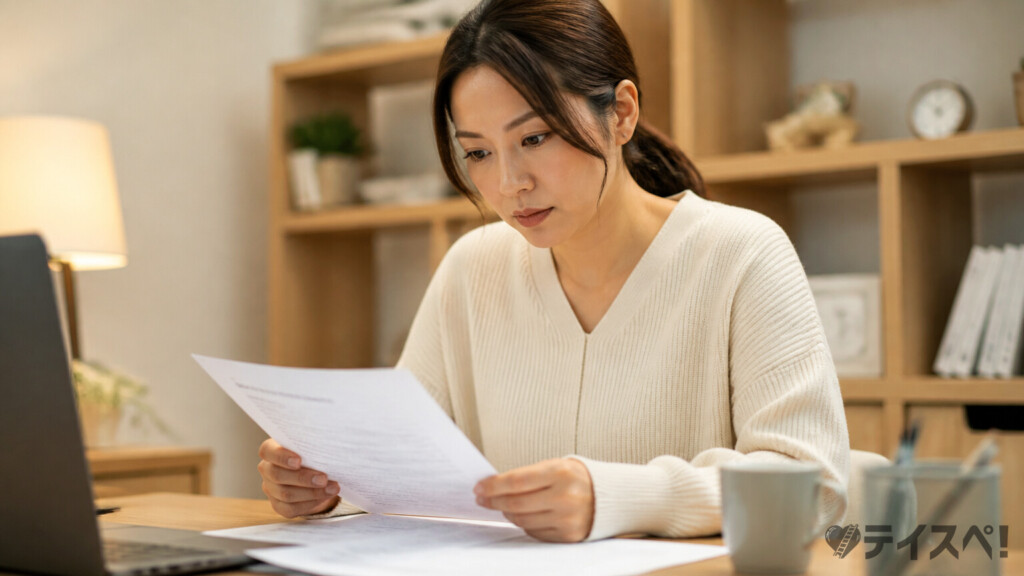 概要書面を確認する女性