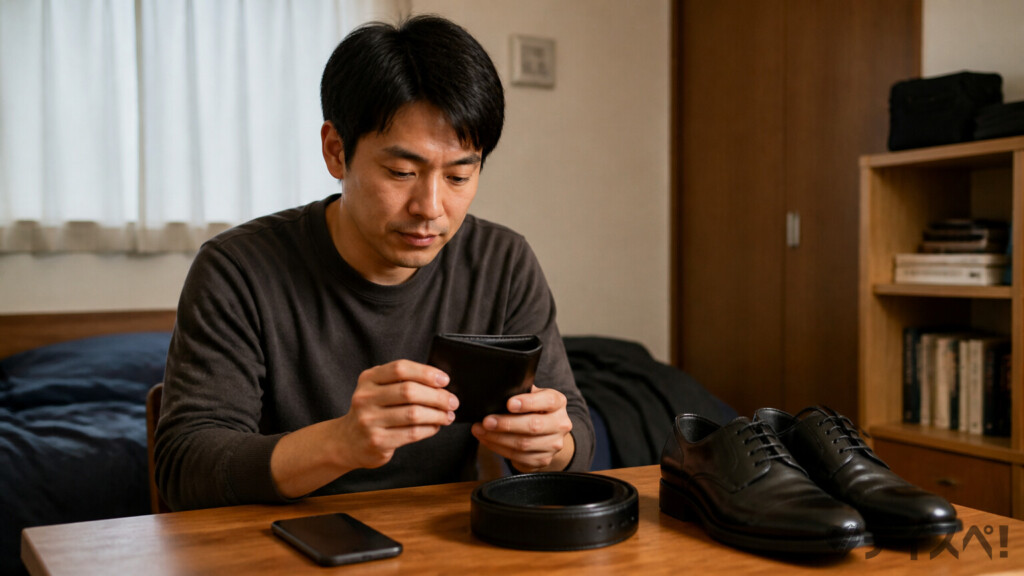 財布の状態を確認する男性の写真