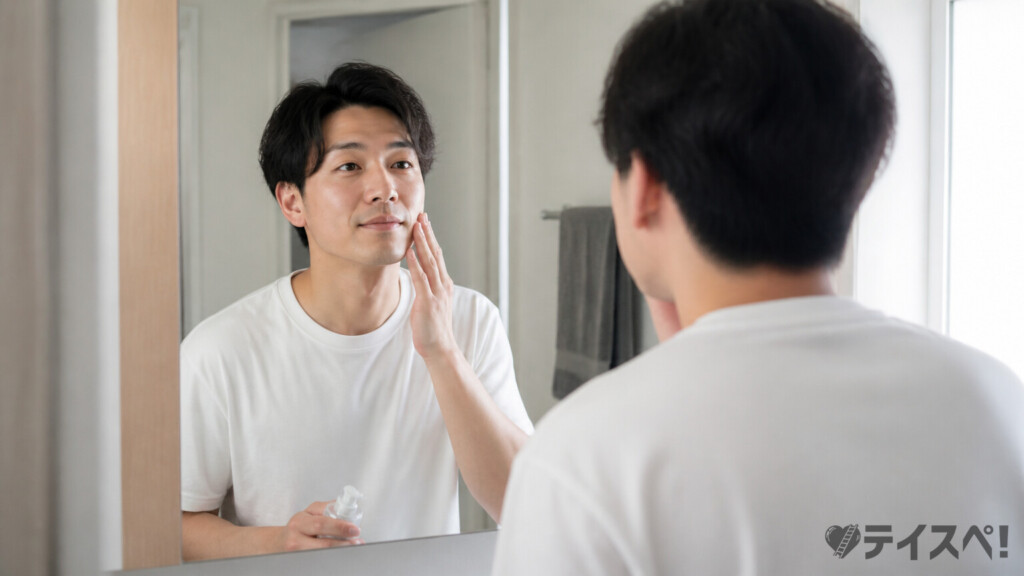 鏡の前で身だしなみを整える男性