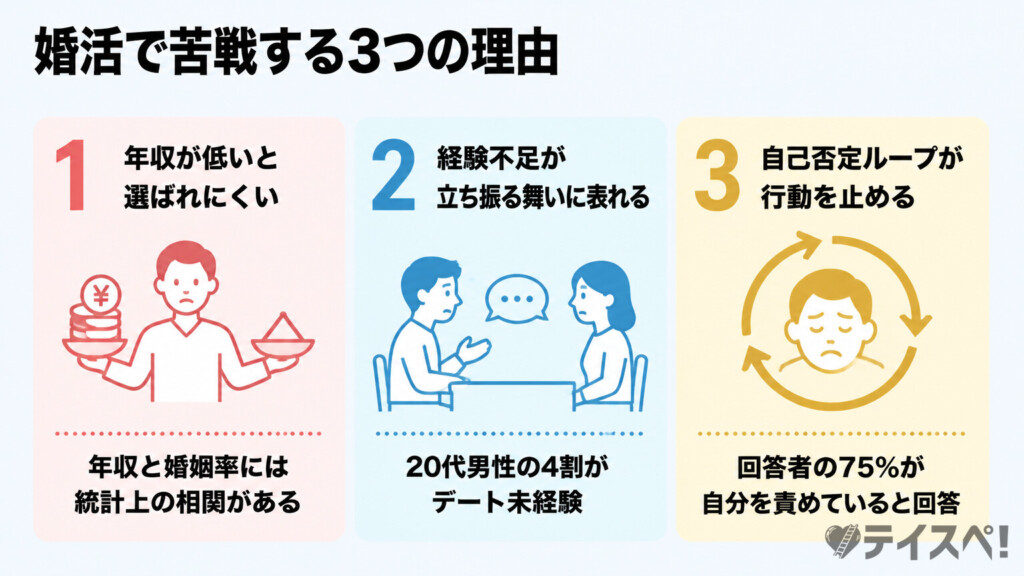 弱者男性が婚活で苦戦する3つの理由の図解