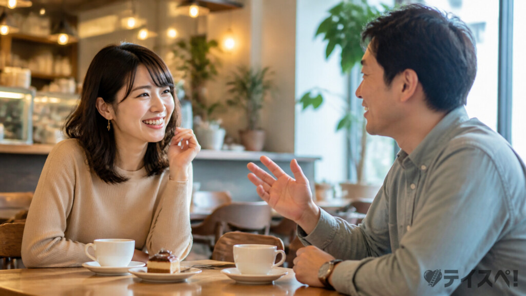 明るいカフェで別の男性と笑顔で会話する女性のイメージ写真