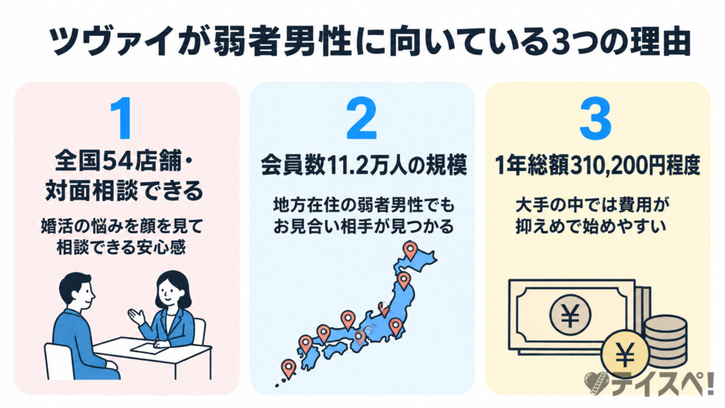 ツヴァイが弱者男性に向いている3つの理由の図解