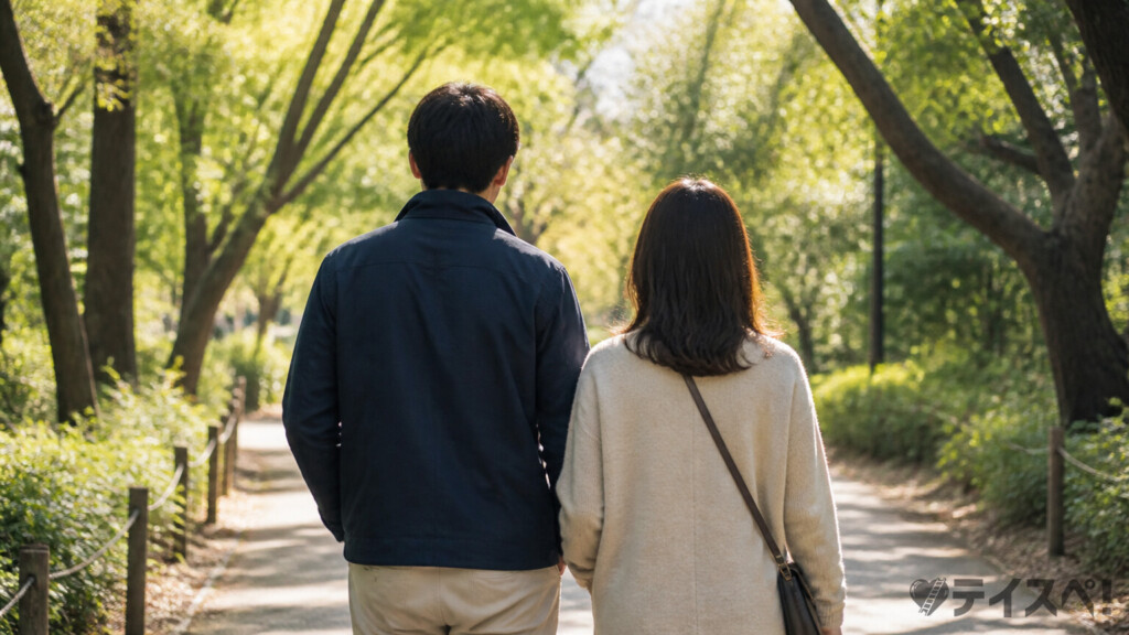 婚活成功後に公園を歩くカップル