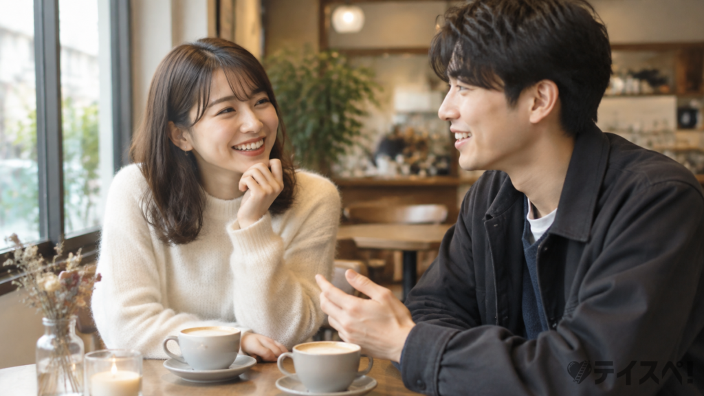 カフェで韓国人男性と日本人女性が笑顔で楽しく会話する初対面の写真風イメージ