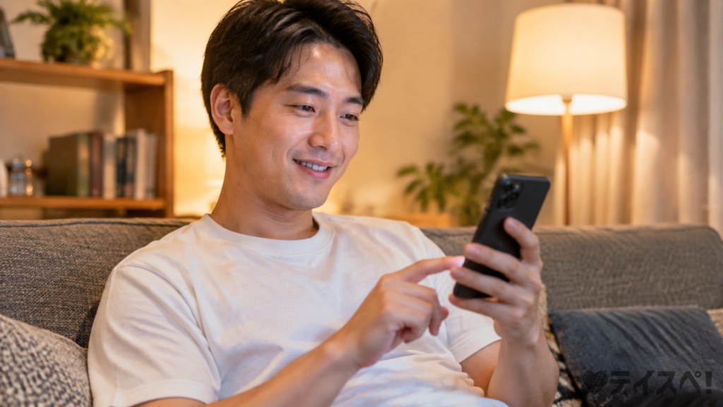 ソファでリラックスしながらスマホのマッチングアプリを気軽に操作する男性の写真風イメージ